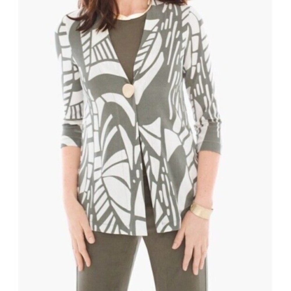 Chicos Travelers Olive Green Abstract Lines Gold Button 3/4 Sleeve Jacket 3 (16)